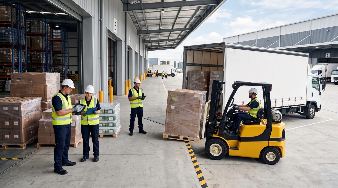 Forklift loading pallets into a truck while a team coordinates the dispatch.