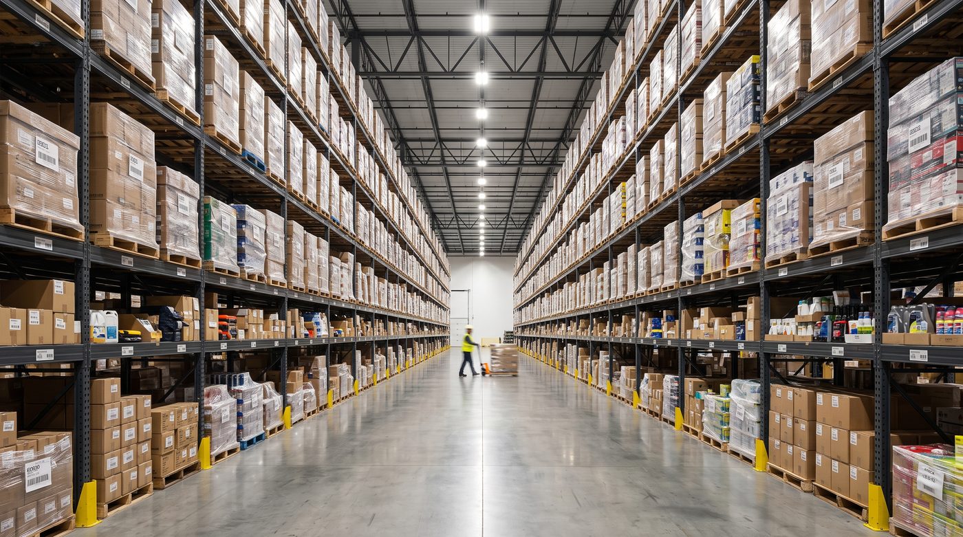 Organized warehouse aisle stocked with a variety of products.